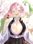  1girl :d blush breasts cleavage closed_eyes demon_slayer_uniform food gradient_hair green_hair haori highres holding holding_food holding_skewer japanese_clothes kanroji_mitsuri kimetsu_no_yaiba large_breasts long_hair long_sleeves mole mole_under_eye multicolored_hair open_mouth outdoors partially_unbuttoned pink_hair pleated_skirt san_mokmok05 skewer skirt smile solo tri_braids uniform 