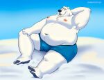  2022 absurd_res anthro anvel armpit_hair belly big_belly black_nose body_hair bulge clothing club_penguin herbert_p._bear hi_res humanoid_hands male mammal moobs nipples overweight overweight_male polar_bear shibadoodles sitting solo underwear ursid ursine 