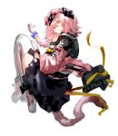  1girl animal_ears arknights bangs black_hairband black_jacket black_skirt blue_bow bow braid cat_ears cat_girl cat_tail frilled_skirt frills from_side goldenglow_(arknights) hair_between_eyes hair_bow hairband highres jacket knees_up lightning_bolt_print long_sleeves looking_at_viewer looking_to_the_side open_clothes open_jacket orange_eyes pink_footwear pink_hair print_hairband puffy_long_sleeves puffy_sleeves shoes simple_background single_braid skirt solo tail thighhighs white_background white_thighhighs yxxrem 