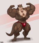  2021 4_toes 5_fingers anthro biceps big_muscles brown_body brown_fur brown_nipples brown_nose bulge clothed clothing feet fingers flexing friday_(friday_otter) fur giant_otter hi_res huge_muscles humanoid_hands karrnade looking_at_viewer lutrine male mammal muscular muscular_anthro muscular_male mustelid nipples plantigrade river_otter simple_background smile solo speedo standing swimwear toes topless whiskers 