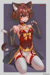  1girl adapted_costume animal_ear_fluff animal_ears bell bow brown_eyes brown_hair cat_ears cat_tail chen earrings garter_straps gloves highres jewelry jingle_bell multiple_tails nail_polish neck_bell red_nails solo tail thighhighs tomatolover16 touhou twitter_username two_tails 