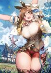  1girl :d atelier_(series) atelier_ryza bear_paw_s blush breasts brown_eyes brown_hair hair_ornament hairclip hat highres house huge_breasts jewelry looking_at_viewer necklace open_mouth red_shorts reisalin_stout short_hair short_shorts shorts smile solo thick_thighs thighhighs thighs twitter_username white_headwear windmill 