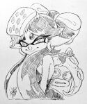  1girl 2020 bare_shoulders bow callie_(splatoon) closed_mouth cross-shaped_pupils detached_collar earrings food food_on_head isamu-ki_(yuuki) jewelry long_hair mole mole_under_eye monochrome object_on_head octarian octotrooper pointy_ears simple_background smile splatoon_(series) splatoon_1 tentacle_hair traditional_media white_background 