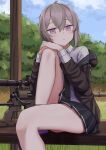  1girl absurdres ahoge bangs black_necktie black_skirt blush bolt_action brown_hoodie cheytac_m200 closed_mouth collared_shirt crossed_bangs day expressionless girls&#039;_frontline grass grey_hair gun hands_on_own_knee highres hood hood_down hoodie knee_up long_sleeves looking_at_viewer low_ponytail m200_(girls&#039;_frontline) messy_hair necktie open_clothes open_hoodie outdoors pleated_skirt purple_eyes rifle shirt short_hair sitting_on_bench skirt sniper_rifle solo weapon white_shirt yakob_labo 