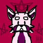  1:1 ailurid anthro fur hi_res hikaruwu horn hybrid looking_at_viewer male mammal pink_body red_panda satanic_symbol simple_background solo 
