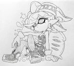  1girl 2020 bare_shoulders closed_mouth cross-shaped_pupils detached_collar dress earrings frown full_body gloves isamu-ki_(yuuki) jewelry marie_(splatoon) mole mole_under_eye monochrome paint_splatter pantyhose pointy_ears short_hair simple_background sitting solo splatoon_(series) splatoon_1 strapless strapless_dress suction_cups tentacle_hair traditional_media white_background 