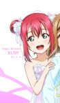  2girls anibache bangs birthday blush character_name collarbone commentary dated double_bun dress english_text flower green_eyes hair_bun hair_flower hair_ornament happy_birthday kunikida_hanamaru kurosawa_ruby light_brown_hair looking_at_viewer love_live! love_live!_sunshine!! multiple_girls out_of_frame pink_background red_hair sidelocks smile strapless strapless_dress two-tone_background upper_body white_background 