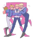  3boys ^_^ ^o^ ahoge america_(hetalia) artist_name axis_powers_hetalia blonde_hair burger closed_eyes dated food glasses hair_slicked_back highres holding holding_food leg_up legs_apart male_focus multiple_boys muscular muscular_male necktie official_alternate_costume overalls own_hands_together pectorals pink_background russia_(hetalia) scarf striped_necktie te_shiro waistcoat white_scarf 