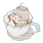  1boy :3 absurdres ahoge blush cape closed_eyes closed_mouth cup diamond_hairband fate/grand_order fate_(series) fur-trimmed_cape fur_trim highres in_container in_cup male_focus miniboy oberon_(fate) short_hair simple_background solo tea teacup white_background white_hair yurumawari 