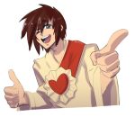  1boy artist_name brown_hair brown_robe cosmikaizer cosplay english_commentary gundam gundam_seed jesus jesus_(cosplay) kira_yamato looking_to_the_side male_focus meme one_eye_closed open_mouth purple_eyes robe smile solo the_bible thumbs_up upper_body white_background 