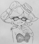  1girl breasts cleavage cross-shaped_pupils detached_collar earrings gloves hand_up isamu-ki_(yuuki) jewelry marie_(splatoon) medium_breasts mole mole_under_eye monochrome pointy_ears short_hair solo splatoon_(series) splatoon_1 strapless suction_cups tentacle_hair traditional_media upper_body 