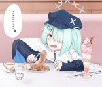  ... 1girl blue_archive blue_headwear blue_sweater butter cup drooling food fork hair_ornament hair_over_one_eye hairclip halo hat highres hiyori_(blue_archive) holding holding_fork ice_cream medium_hair open_mouth saucer scarf side_ponytail solo spoken_ellipsis spoon sundae sweater table teacup yayuyoron 