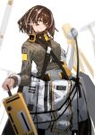  1girl arknights bangs brown_hair brown_sweater closed_mouth gloves grey_hair hair_between_eyes hand_up highres holding jumpsuit magallan_(arknights) multicolored_hair ribbed_sweater smile solo streaked_hair sweater turtleneck turtleneck_sweater white_gloves white_jumpsuit yellow_eyes yxxrem 