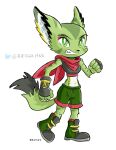  anthro boots bottomwear carol_tea clothing felid feline felis female fingerless_gloves footwear freedom_planet fur gloves green_body green_eyes green_fur handwear mammal markings red_scarf rriesgo scarf shorts solo striped_markings stripes video_games wildcat 