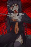  1girl bangs black_hair black_skirt black_thighhighs breasts chain-link_fence collarbone danganronpa_(series) danganronpa_another_episode:_ultra_despair_girls fence genocider_shou glasses hair_ornament hairclip highres holding holding_scissors large_breasts leg_tattoo long_hair long_sleeves long_tongue neckerchief orange_neckerchief outdoors pleated_skirt red_background round_eyewear scissors shiny shiny_hair skirt solo tattoo thighhighs tongue tongue_out torn_neckerchief yu_sha_rei 