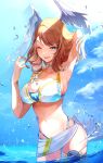  1girl absurdres arm_behind_head bangs bikini bikini_skirt blue_eyes breasts brown_hair choker cleavage cowboy_shot eunie_(xenoblade) head_wings highleg highleg_bikini highres large_breasts long_hair looking_at_viewer multi-strapped_bikini navel ocean one_eye_closed open_mouth risumi_(taka-fallcherryblossom) sky smile solo swept_bangs swimsuit tattoo wading water xenoblade_chronicles_(series) xenoblade_chronicles_3 