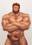  1boy abs arm_hair bara beard biceps chest_hair cock_ring completely_nude cowboy_shot crossed_arms erection facial_hair fate/grand_order fate/zero fate_(series) foreskin highres iskandar_(fate) large_penis looking_at_viewer male_focus mature_male muscular muscular_male navel navel_hair nude pectorals penis red_eyes red_hair seductive_smile sex_toy short_hair smile solo stomach straight-on tekkowang thick_thighs thighs uncensored veins veiny_arms 