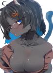  absurd_res accessory ahoge anthro black_body black_fur black_hair black_nose blue_eyes blue_hair blush breasts bust_portrait cheek_tuft cleavage clothed clothing colored_nails digital_media_(artwork) domestic_cat eyewear facial_tuft felid feline felis female fur glasses hair hair_accessory hairpin hi_res kemono kouseki0024 looking_at_viewer mammal multicolored_hair nails neck_tuft portrait pupils seductive slit_pupils solo tuft two_tone_hair whiskers 