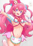  1girl :d bangs bikini bow breasts choker cure_precious delicious_party_precure earrings gloves hair_bow hairband highres jewelry kazuma_muramasa looking_at_viewer magical_girl micro_bikini nagomi_yui navel pink_bow pink_choker pink_gloves pink_hair precure purple_eyes revealing_clothes skirt smile solo speech_bubble swimsuit two_side_up underboob wavy_hair 