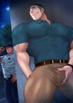  2boys absol_(dkqthf) bara black_hair bulge collared_shirt crotch_grab feet_out_of_frame hat highres large_pectorals leather leather_belt looking_at_another male_focus manly mature_male multiple_boys muscular muscular_male night night_sky original outdoors pants pectorals police police_uniform shirt short_hair short_sleeves sky smile spiked_hair thick_arms thick_eyebrows thick_thighs thighs tongue tongue_out tree undercut uniform veins veiny_arms 