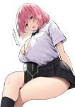  1girl black_skirt breasts cleavage crossed_legs hair_between_eyes highres large_breasts looking_at_viewer nvidia open_mouth original pink_hair red_eyes shirt short_hair skirt sky-freedom smile solo translation_request white_shirt 