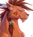  1boy animal artist_name beads braid facial_mark facing_to_the_side feather_hair_ornament feathers final_fantasy final_fantasy_vii final_fantasy_vii_remake hair_beads hair_ornament highres leandro_franci materia no_humans one_eye_closed orange_fur portrait red_hair red_xiii scar scar_across_eye solo upper_body white_background 