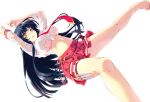  1girl arms_up bangs barefoot black_hair blush bra breasts kaja_vartmann large_breasts long_hair long_sleeves miniskirt mizunezumi necktie non-web_source official_art open_mouth photoshop_(medium) pink_bra pleated_skirt re;lord_dai_san_shou red_skirt shirt skirt solo striped striped_skirt thigh_strap torn_clothes torn_shirt transparent_background underwear vertical-striped_skirt vertical_stripes yellow_eyes 