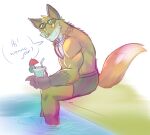  2022 anthro back_muscles beverage biceps bottomwear brown_body brown_fur canid canine clothed clothing dialogue digital_media_(artwork) english_text epic_games eyewear fennix_(fortnite) fortnite fox fur hi_res holding_beverage holding_object lei ludren male mammal muscular muscular_anthro muscular_male orange_body orange_fur partially_submerged pecs poolside shorts sitting smile solo speech_bubble sunglasses swimming_pool swimming_trunks swimwear talking_to_viewer tan_body tan_fur text topless video_games 