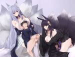  1boy 2girls animal_ear_fluff animal_ears azur_lane beads black_hair black_kimono blue_collar blue_kimono breasts brown_eyes collar commander_(azur_lane) facial_mark fox_ears fox_girl fox_tail fur-trimmed_kimono fur_trim hat hetero highres immobilization japanese_clothes jewelry kimono kitsune kyuubi large_breasts large_tail long_hair low_neckline magatama magatama_necklace military military_uniform multiple_girls multiple_tails musashi_(azur_lane) naval_uniform necklace obi oza_osuwari peaked_cap penis prayer_beads purple_eyes sash shinano_(azur_lane) short_kimono skirt_under_kimono tail testicles thighhighs uniform very_long_hair whisker_markings white_hair white_tail 