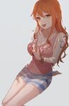  1girl bangs bare_shoulders bracelet breasts clothes_pull highres jewelry large_breasts long_hair looking_at_viewer machida_0906 nami_(one_piece) one_piece open_mouth orange_eyes orange_hair pink_shirt shima_(pattern) shirt shirt_pull shorts shoulder_tattoo sidelocks simple_background sitting solo sweat tattoo tongue tongue_out 