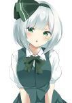  1girl 9150namihana absurdres bangs black_bow black_bowtie black_hairband bow bowtie breasts green_eyes green_vest grey_hair hairband highres konpaku_youmu looking_at_viewer open_mouth shirt short_hair simple_background solo touhou upper_body vest white_background white_shirt 