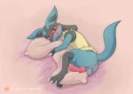  animal_genitalia animal_penis anthro anus balls blue_body blush canine_penis cute_expression generation_4_pokemon genitals hi_res looking_at_viewer lucario male nintendo one_eye_closed penis pillow pokemon pokemon_(species) skyvo solo tongue tongue_out video_games 