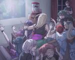  2boys 6+girls :d alternate_costume arms_up bangs bare_shoulders black_hair black_shirt blonde_hair blue_bow bow braid brown_hair closed_mouth couch curtains danganronpa_(series) danganronpa_3_(anime) eating food glasses green_hair grey_hair hair_bow highres hinata_hajime holding holding_food indoors koizumi_mahiru kuzuryuu_fuyuhiko kuzuryuu_natsumi long_hair long_sleeves midori_(310ri_21) mioda_ibuki multiple_boys multiple_girls open_mouth pekoyama_peko pillow pointing pointing_at_another ponytail popcorn purple_hair red_hair saionji_hiyoko satou_(danganronpa) shirt shirt_tucked_in short_hair sitting smile sweat sweatdrop table tsumiki_mikan watching_television wide_sleeves window 