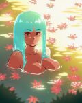  1girl akairiot autumn_leaves bangs bare_shoulders black_eyes blue_hair blunt_bangs blurry blurry_foreground breasts cleavage commentary highres kelda_(akairiot) large_breasts liquid_hair long_hair looking_at_viewer nude original partially_submerged smile solo symbol-only_commentary water 