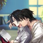  2boys black-framed_eyewear black_hair blurry blurry_background book bookshelf brown_eyes closed_mouth collared_shirt constantine_xi_(fate) facial_hair fate/grand_order fate_(series) from_side glasses gloves hair_between_eyes heki0529 holding holding_book holding_eyewear hug hug_from_behind jitome looking_at_another mehmed_ii_(fate) multiple_boys plant profile reading red_gloves removing_eyewear shirt short_hair stubble upper_body white_shirt window yaoi 