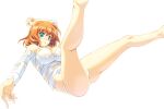  1girl :o aqua_eyes arm_up bangs blush bra feet_out_of_frame fine_classen long_hair long_sleeves mizunezumi no_pants non-web_source official_art orange_hair panties photoshop_(medium) re;lord_dai_san_shou shirt solo torn_clothes torn_shirt transparent_background underwear white_bra white_panties 