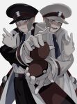  2boys belt belt_buckle black_coat black_headwear brothers buckle coat commentary_request dress_shirt emmet_(pokemon) grey_eyes grey_hair gura_(zaxtusyku1111) hat high_collar highres holding holding_poke_ball ingo_(pokemon) long_sideburns long_sleeves male_focus multiple_boys necktie pants peaked_cap poke_ball poke_ball_(basic) pokemon pokemon_(game) pokemon_bw shirt short_hair siblings sideburns simple_background striped_coat teeth trench_coat white_background 