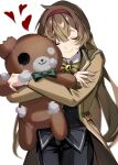  1girl black_pants black_vest bow bowtie brown_bow brown_bowtie brown_coat brown_hair closed_eyes coat collared_shirt cowboy_shot facing_viewer hair_between_eyes hairband happy_teddy_bear heart highres library_of_ruina long_hair malkuth_(project_moon) mu46016419 object_hug pants project_moon red_hairband shirt simple_background smile solo stuffed_animal stuffed_toy teddy_bear vest white_background white_shirt 