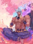  1boy abs absurdres alternate_costume animal_ears apple baggy_pants bara barefoot bead_anklet bead_belt bead_necklace beads belt cherry_blossoms cloud cloudy_sky crossed_legs falling_petals food fruit grass highres hitodama jewelry large_pectorals league_of_legends long_hair male_focus manly mature_male muscular muscular_male necklace nipples no_shirt official_alternate_costume outdoors pants pear pectorals petals punbun_4fun scar scar_on_face sett_(league_of_legends) sitting sky smile solo spirit spirit_blossom_(league_of_legends) spirit_blossom_sett thick_arms thick_eyebrows tree white_hair wristband yellow_eyes 
