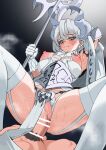  1boy 1girl absurdres armpits bar_censor black_pubic_hair breasts censored closed_mouth clothed_sex cowgirl_position duel_monster ett garter_straps girl_on_top grey_eyes grey_hair hetero highres holding holding_staff large_breasts lovely_labrynth_of_the_silver_castle male_pubic_hair nipples pelvic_curtain pubic_hair sex smile staff straddling thighhighs vaginal white_thighhighs yu-gi-oh! 