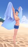  1girl absurdres armpits arms_up barefoot beach beach_towel bikini blue_eyes blue_hair blue_sky breasts cloud denim denim_shorts english_commentary footprints from_side front-tie_bikini_top front-tie_top gloamy grin groin highres looking_at_viewer mahou_shoujo_madoka_magica medium_breasts miki_sayaka multicolored_bikini multicolored_clothes outdoors red_bikini sand short_hair shorts sidelighting sky smile solo standing striped striped_bikini swimsuit thighs towel yellow_bikini 