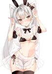  1girl amatsukaze_(kancolle) bare_legs bare_shoulders bikini black_bow black_bra black_pantyhose black_thighhighs blush bow bra breasts bunny_pose chigasaki_yukari closed_mouth commentary_request contrapposto detached_sleeves forehead grey_hair hair_between_eyes hair_bow hair_ornament hands_up highres kantai_collection long_hair looking_at_viewer maid_bikini navel panties pantyhose puffy_detached_sleeves puffy_sleeves revealing_clothes see-through see-through_apron side-tie_panties simple_background small_breasts smile solo swimsuit thigh_gap thighhighs two_side_up underwear white_background yellow_eyes 
