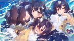  3girls abukuma_(azur_lane) afloat ahoge azur_lane bangs bell black_hair black_pants blush bow breasts brown_eyes brown_hair button_gap cardigan closed_mouth commentary_request crossed_bandaids fang hair_between_eyes hair_ornament hair_ribbon hairclip highres horns isuzu_(azur_lane) jingle_bell large_breasts long_hair long_sleeves looking_at_viewer low_twintails multiple_girls nagara_(azur_lane) nose_blush ocean official_art one_eye_closed oni_horns open_mouth oversized_clothes pants pantyhose pleated_skirt pointy_ears red_bow red_eyes ribbon rigging shirt short_hair side_ponytail sidelocks skirt sleeves_past_wrists smile smoke takotsu tears thighband_pantyhose torn_clothes torn_shirt twintails white_shirt yellow_bow yellow_cardigan 