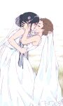  2girls black_hair blush bridal_veil brown_hair commentary_request dress flower glasses hair_flower hair_ornament highres imminent_kiss jewelry m_k multiple_girls open_mouth original ring short_hair veil wedding_dress wedding_ring wife_and_wife yuri 