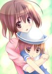  akesaka_iku antenna_hair blush brown_hair clannad furukawa_nagisa hair_ornament hairclip hat hug mother_and_daughter motherly multiple_girls okazaki_ushio open_mouth short_hair 