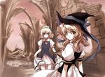  alice_margatroid alice_margatroid_(pc-98) alternate_costume blonde_hair blue_eyes hairband hat kirisame_marisa looking_back multiple_girls namatarou ruins touhou touhou_(pc-98) witch_hat yellow_eyes 