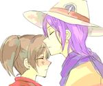  artist_request brown_hair couple cowboy_hat earring earrings eyes_closed forehead_kiss harvest_moon harvest_moon:_magical_melody hat jamie_(harvest_moon) jewelry kiss lowres purple_hair tina_(harvest_moon) twintails 