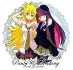  bad_id bad_pixiv_id beret blonde_hair bubble_blowing chewing_gum hat lowres multicolored_hair multiple_girls necktie panty_&amp;_stocking_with_garterbelt panty_(psg) school_uniform stocking_(psg) tank2109 two-tone_hair 