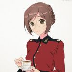  1girl akagi_(fmttps) artist_name bangs braid brown_eyes brown_hair closed_mouth commentary crown_braid cup epaulettes eyebrows_visible_through_hair girls_und_panzer glasses head_tilt holding holding_cup holding_saucer jacket lips long_sleeves looking_at_viewer military military_uniform nilgiri red_jacket round_eyewear saucer short_hair simple_background smile solo st._gloriana&#039;s_military_uniform teacup twitter_username uniform upper_body white_background 