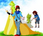  2boys bag baseball_cap black_(pokemon) brown_eyes brown_hair cape chillarmy closed_eyes crown eyes_closed green_eyes green_hair hat long_hair minccino multiple_boys n_(pokemon) open_mouth outdoors outside pokemon pokemon_(game) pokemon_black_and_white pokemon_bw short_hair sky smile string touya_(pokemon) young younger 